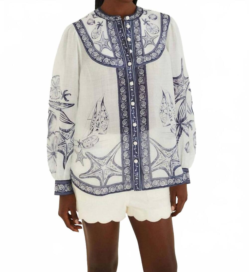 NEW FARM RIO coast scarf long sleeve blouse in off white